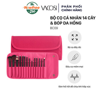 Bộ Cọ Trang Điểm Vacosi 14 Cây BC09 (Bóp Da Hồng)