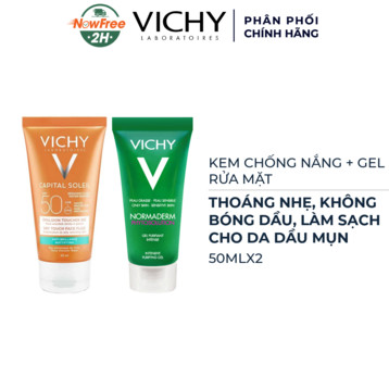 Combo Vichy Kem Chống Nắng Không Nhờn &amp; Gel Rửa Mặt Da Mụn