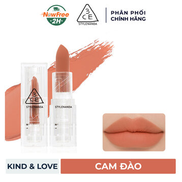 Son Thỏi Lì 3CE Vỏ Trong Suốt Kind &amp; Love - Cam Đào 3.5g (HSD: 17/01/2025)