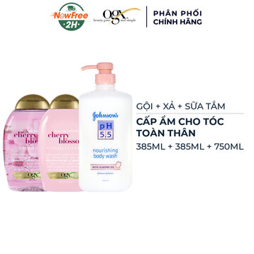 Combo Gội &amp; Xả OGX Hoa Anh Đào (385ml/ Chai) + Sữa Tắm Johnson's Adult Hạnh Nhân 750ml