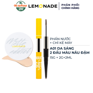 Combo Lemonade Phấn Nước A01 Light 15g + Chì Kẻ Mày 2 Đầu 01 Nâu Đậm 2g+2ml