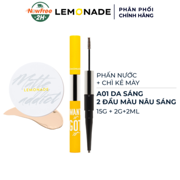 Combo Lemonade Phấn Nước A01 Light 15g + Chì Kẻ Mày 2 Đầu 02 Nâu Sáng 2g+2ml