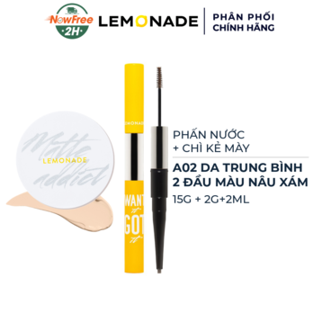 Combo Lemonade Phấn Nước A02 Natural 15g + Chì Kẻ Mày 2 Đầu 03 Nâu Xám 2g+2ml