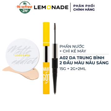 Combo Lemonade Phấn Nước A02 Natural 15g + Chì Kẻ Mày 2 Đầu 02 Nâu Sáng 2g+2ml