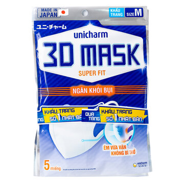 Combo 2 Gói Khẩu Trang Unicharm 3D Mask Superfit Ngăn Khói Bụi 5 Miếng + Tặng 1 Khẩu Trang Ngăn Bụi Mịn &amp; Virus