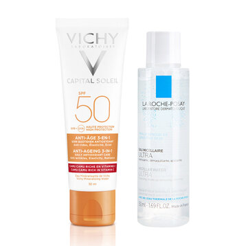 Combo Kem Chống Nắng Vichy Ngừa Lão Hóa SPF50 50ml + Nước Tẩy Trang La Roche Posay Da Nhạy Cảm 50ml