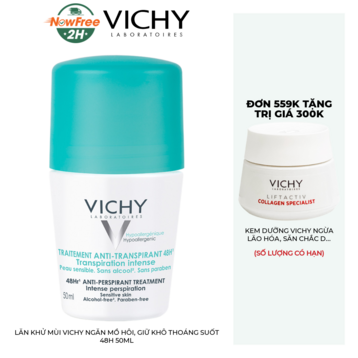 Lăn Khử Mùi Vichy Ngăn Mồ Hôi, Giữ Khô Thoáng Suốt 48H 50ml